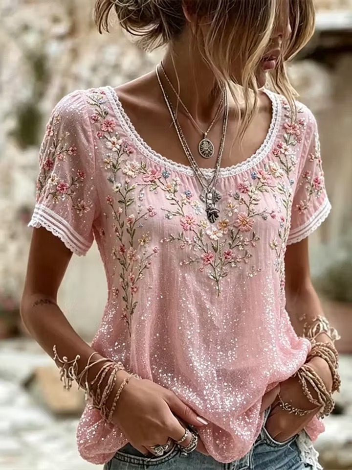 Women's Pink Flower Sparkle Art Casual T-Shirt