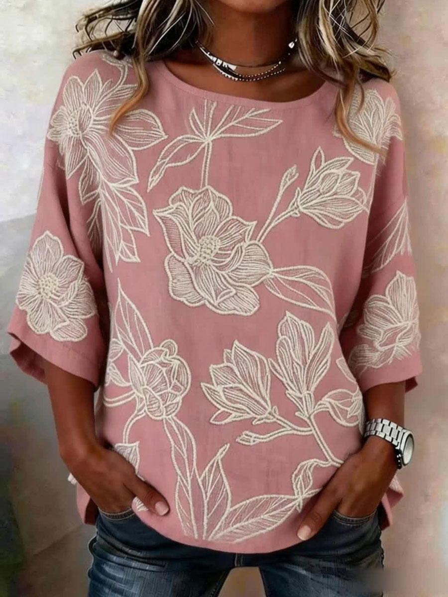 Women'S Cotton And Linen Floral Print Short-Sleeved Top