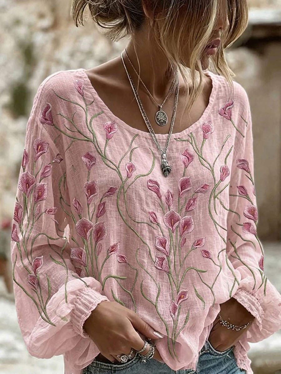 Women's cotton and linen printed top