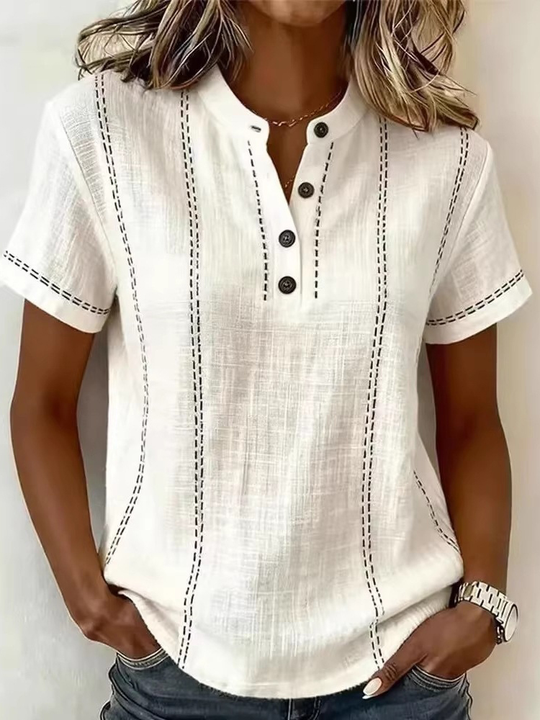 Women's Simple Stand Up Collar Color Blocked Linen Blend Shirt