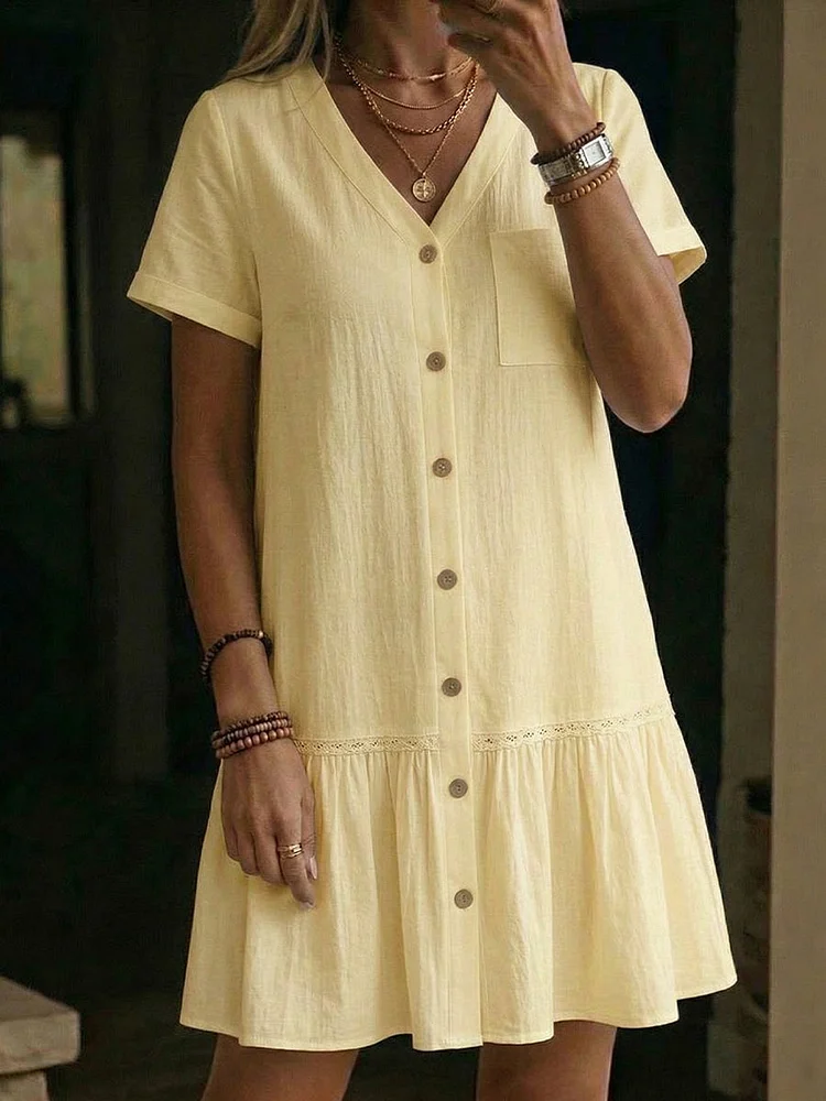 Ladies' Casual Daily Cotton And Linen V-Neck Buttoned Jumpsuit Half Skirt