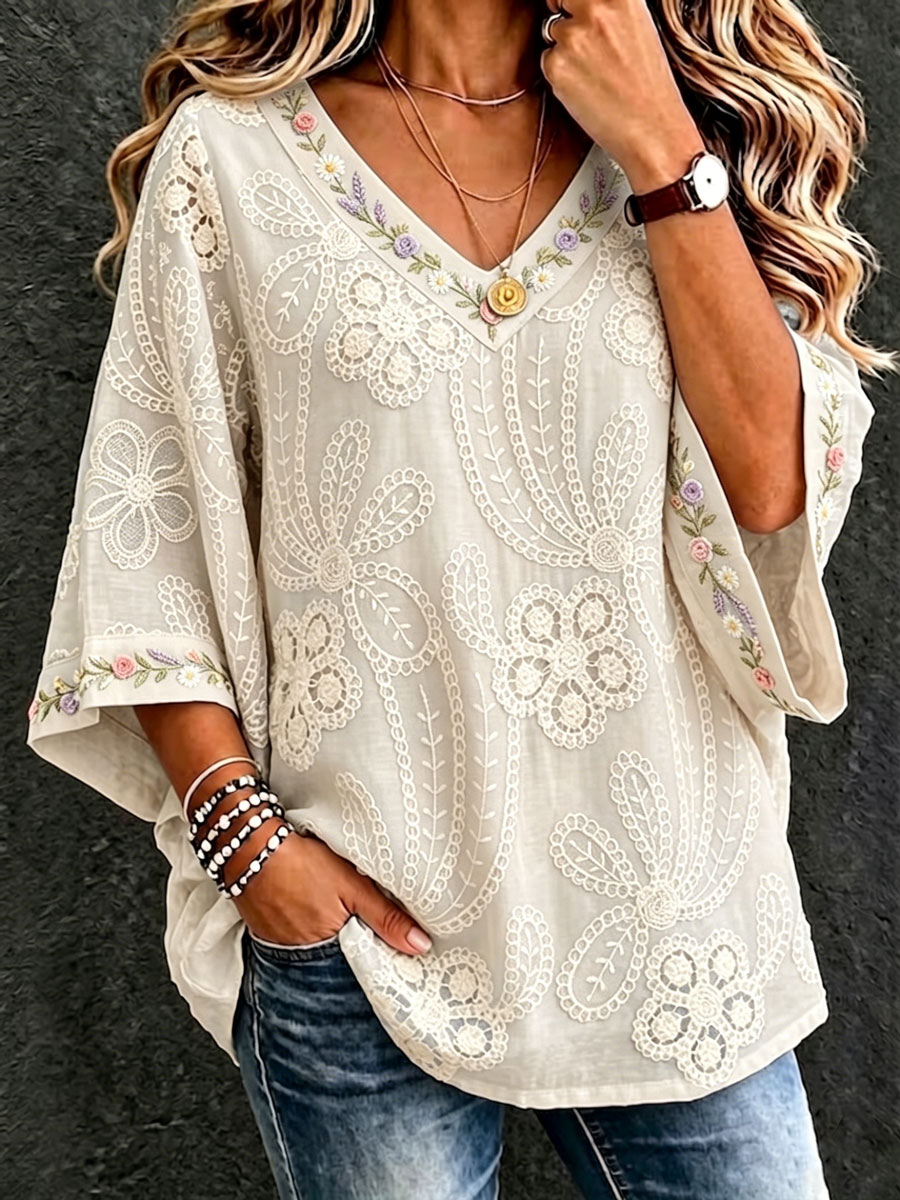 Women'S Cotton And Linen Floral Casual Vacation Top