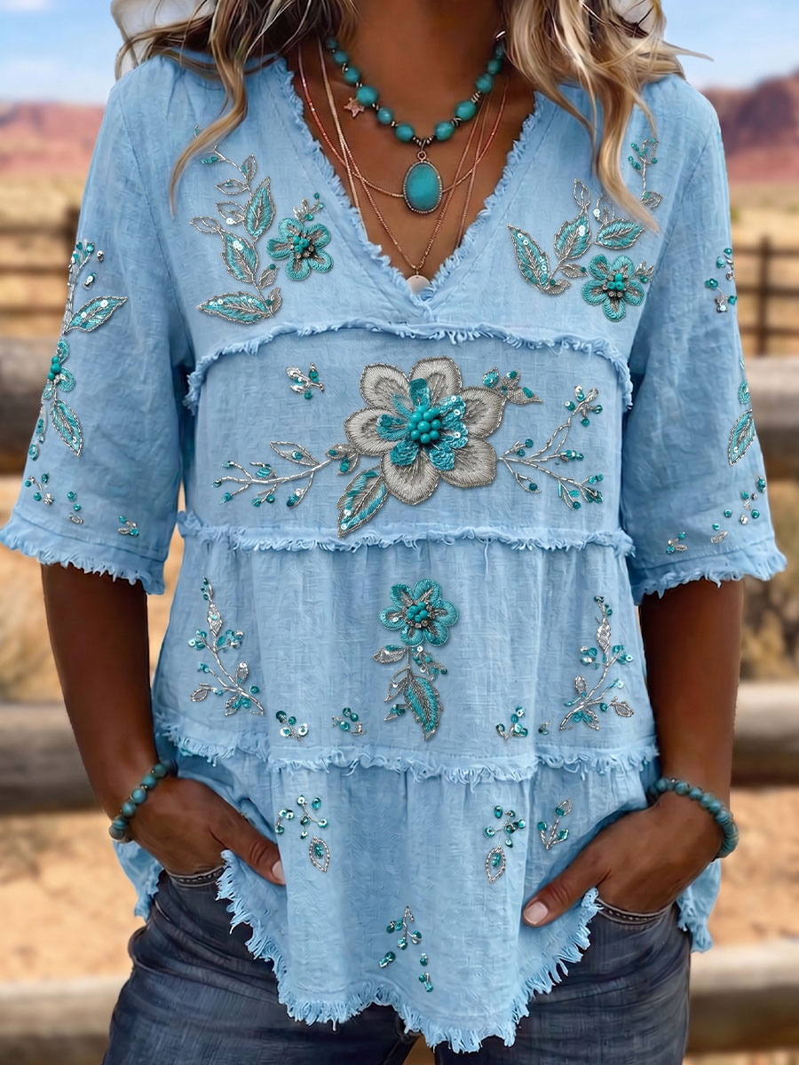 Vintage Art  Patchwork Cotton Linen Shirt