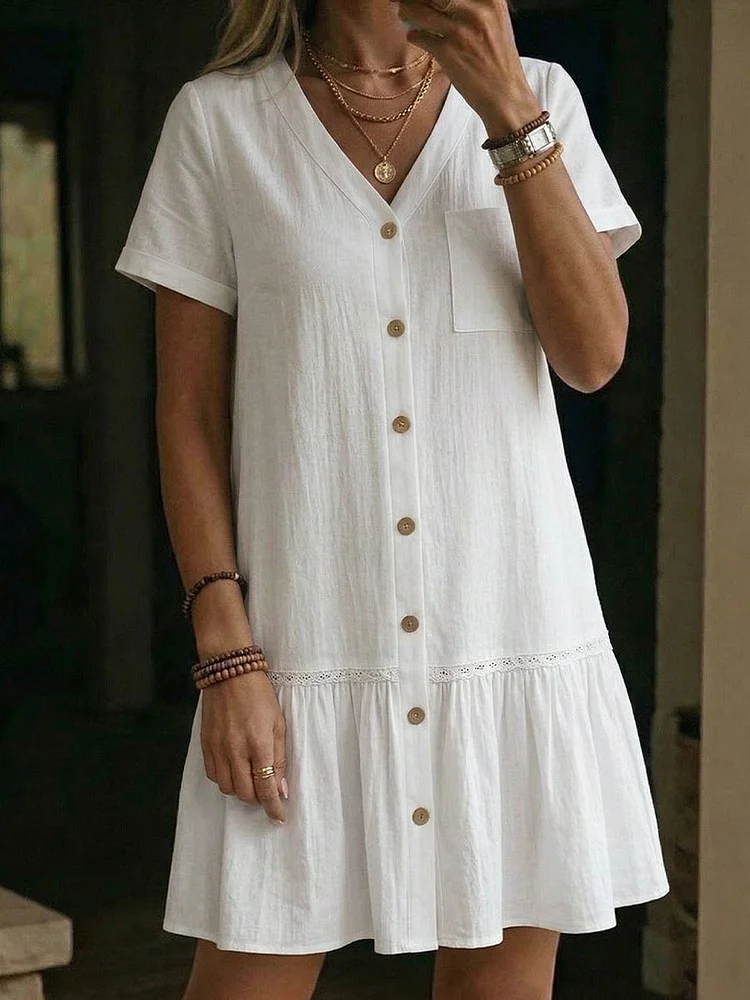 Ladies' Casual Daily Cotton And Linen V-Neck Buttoned Jumpsuit Half Skirt