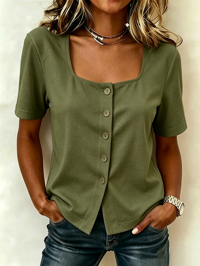 Women'S Casual Day Cotton And Linen Wide Neck Button Up Cardigan Top