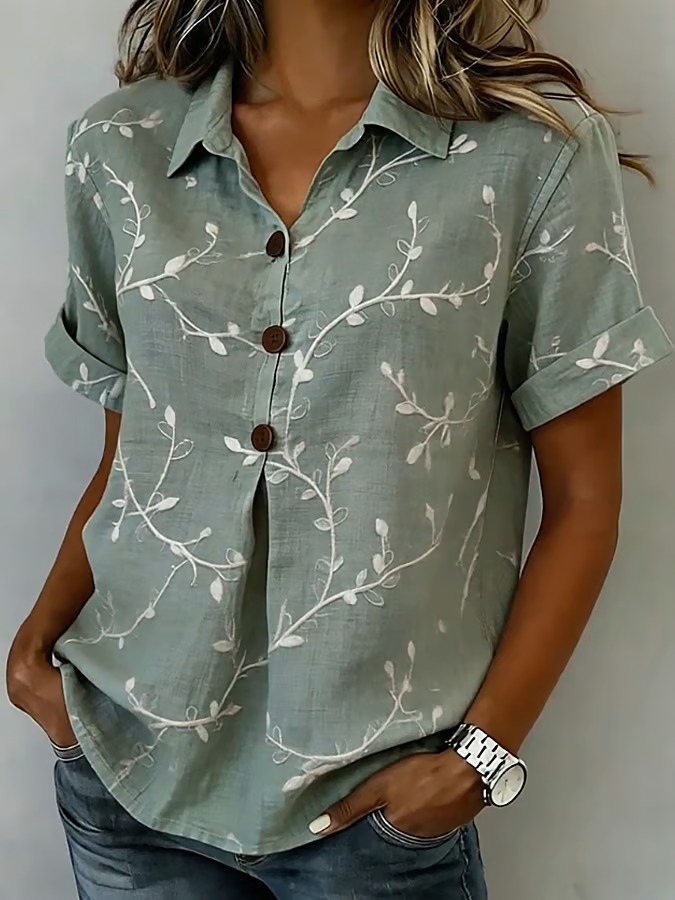 Women's Casual Short-Sleeve Positioning Print Cotton-Linen Top