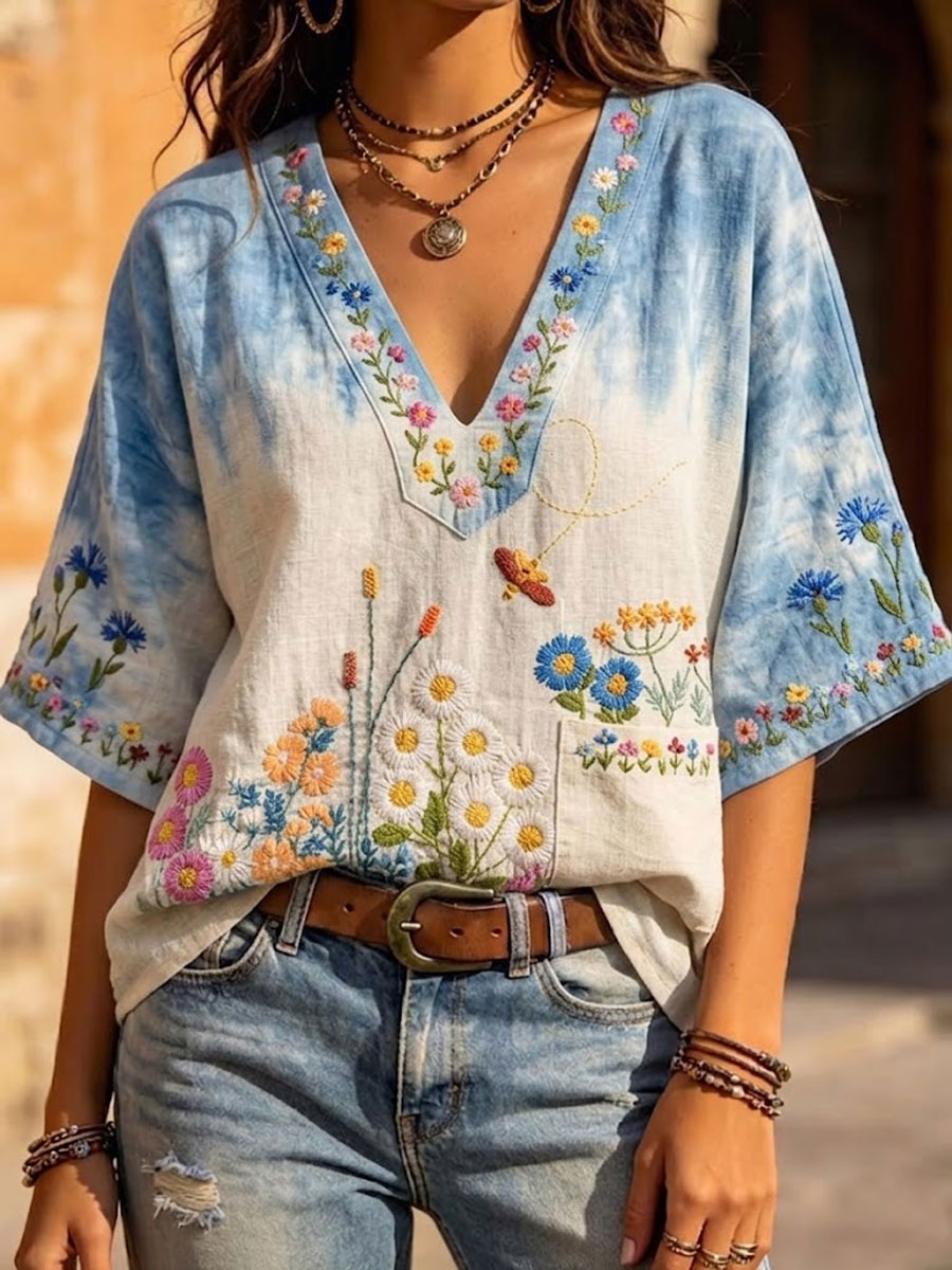 Women'S Casual Floral Print Cotton Linen Top