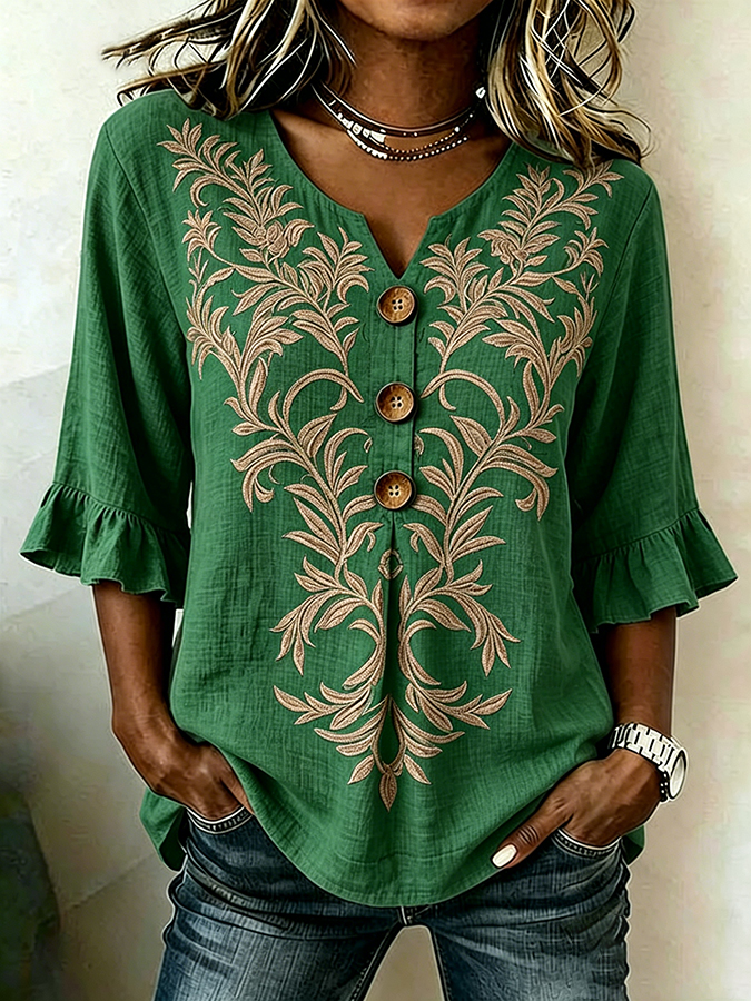 Women's Casual Retro Floral Cotton Linen Shirt