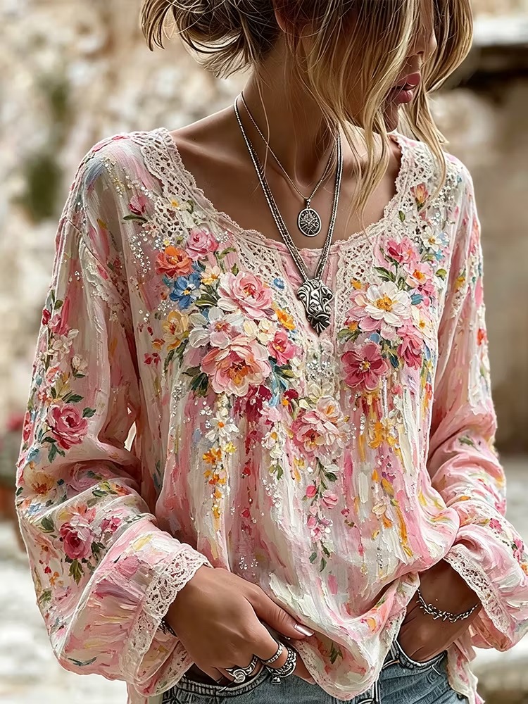 Women's Oil Painting Romantic Flower Lace Art Printed Cotton Hemp Colorful Round Neck Long Sleeve Top