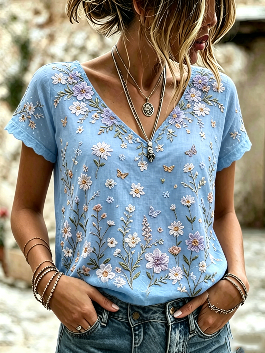 Women'S Plant Flower Pattern Printed Casual Cotton And Hemp T-Shirt