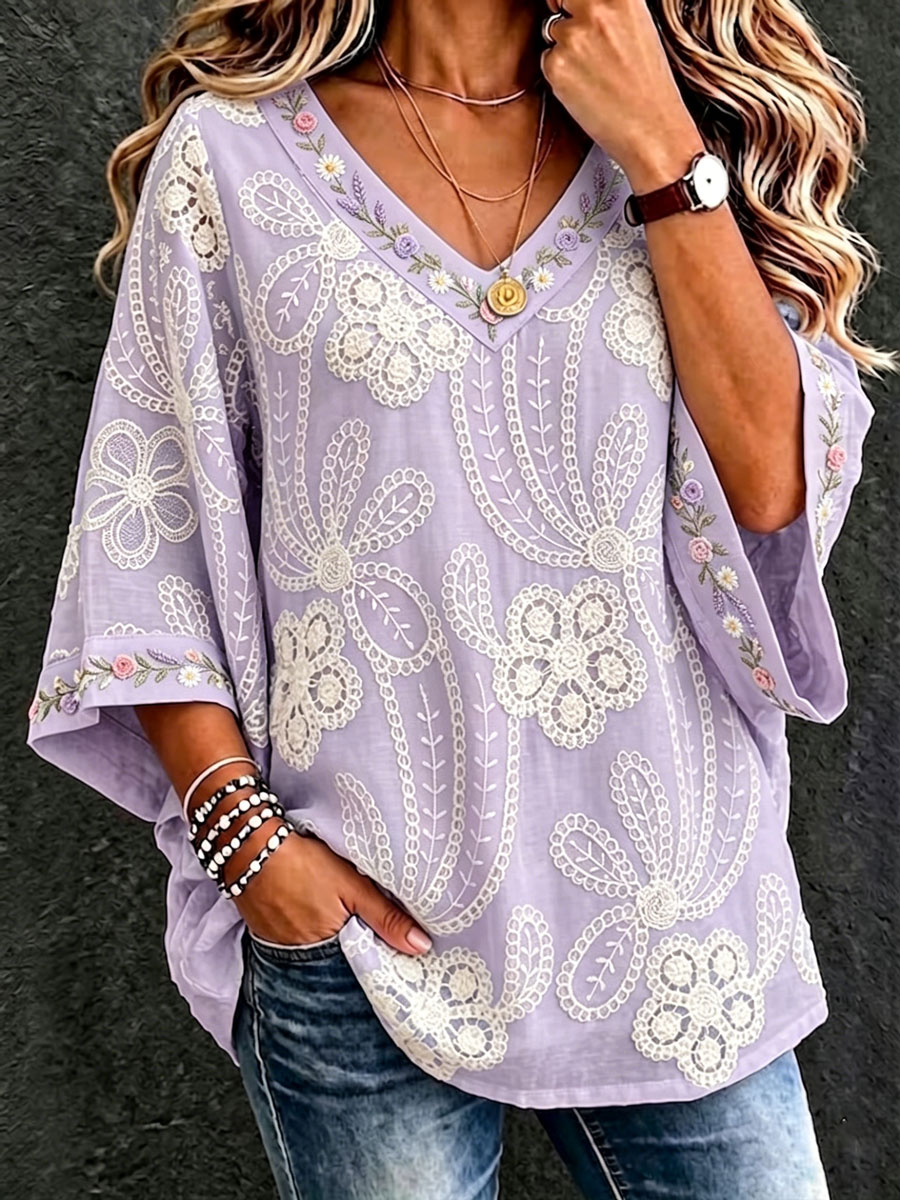 Women'S Cotton And Linen Floral Casual Vacation Top