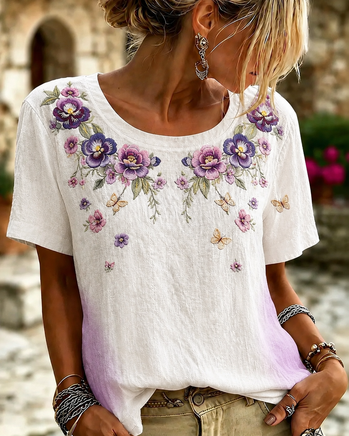Women'S Purple Floral Printed T-Shirt