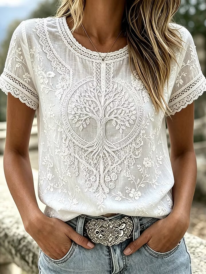 Women's Romantic Floral With Tree Of Life Embroidery Art Flowy Casual T-shirt
