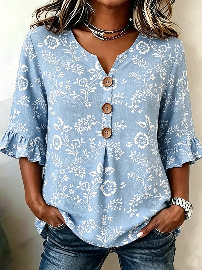 Women's Casual V-Neck Printed Cotton-Linen Top