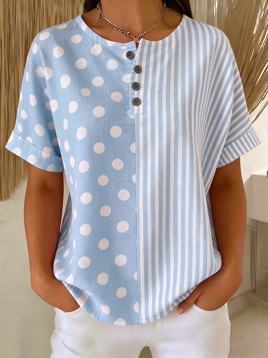 Women's casual striped polka dot cotton linen button-down shirt