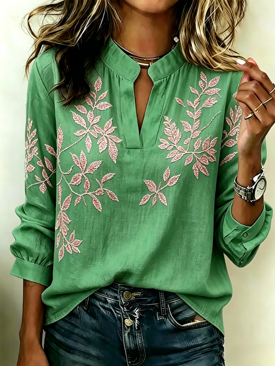 Women's retro printed casual V-neck shirt