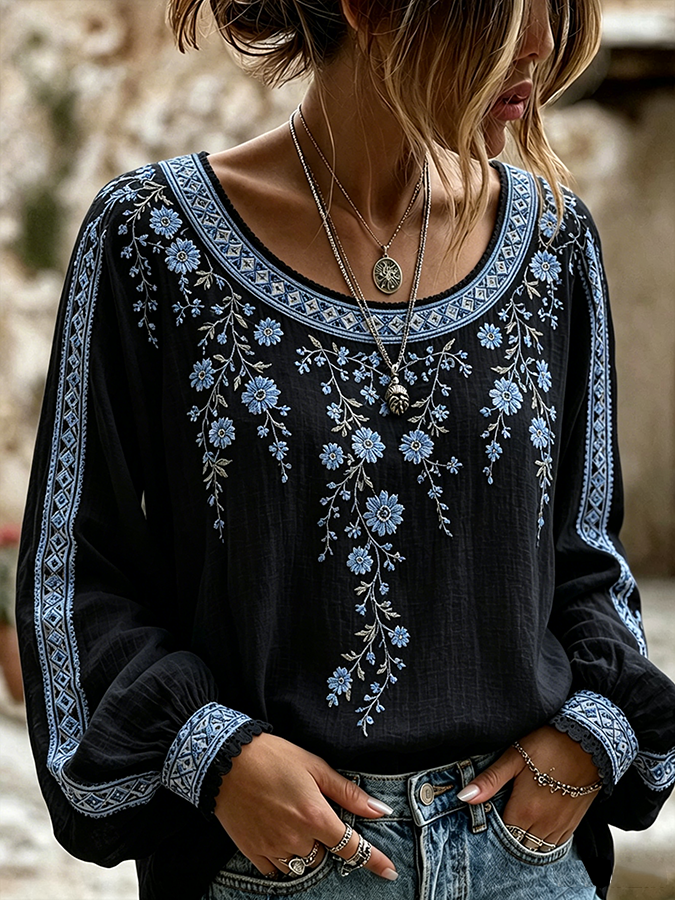 Women'S Floral Printed Casual Cotton And Linen Top