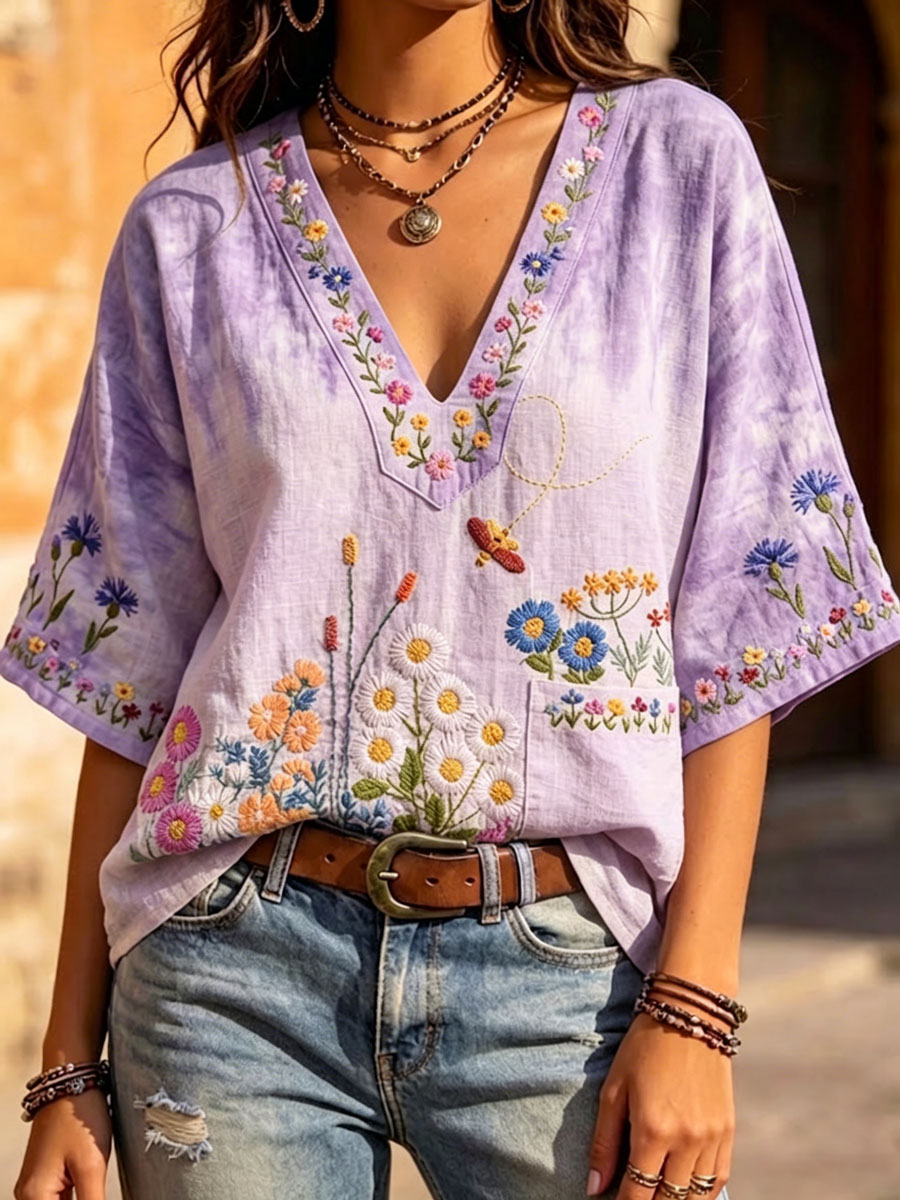 Women'S Casual Floral Print Cotton Linen Top