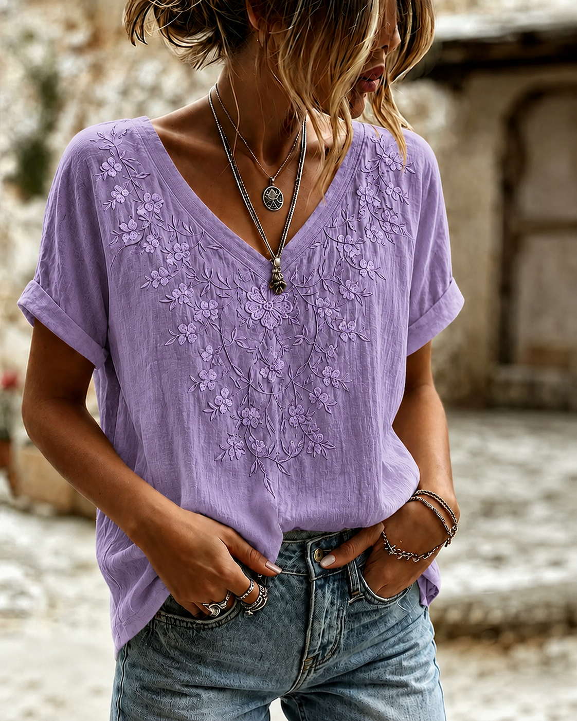 Women'S Purple Floral Printed Cotton And Linen Top