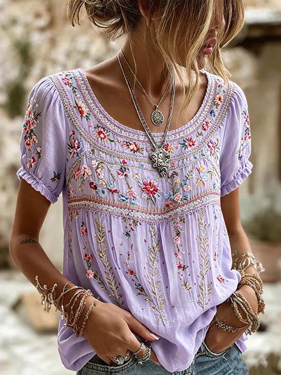 Women's Retro Floral Pattern Casual T-shirt