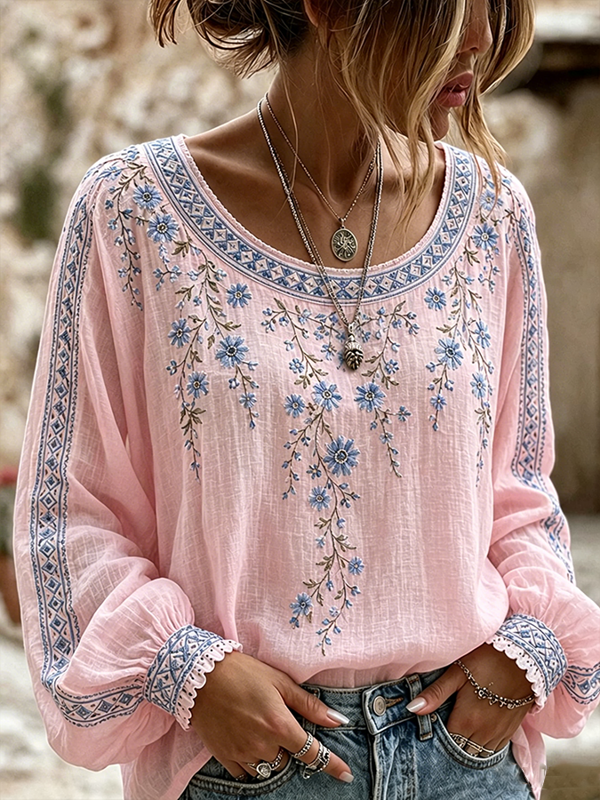 Women'S Floral Printed Casual Cotton And Linen Top