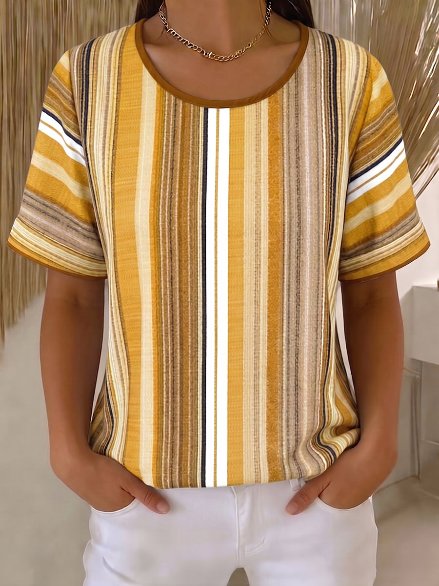 Women's casual striped cotton linen round neck top