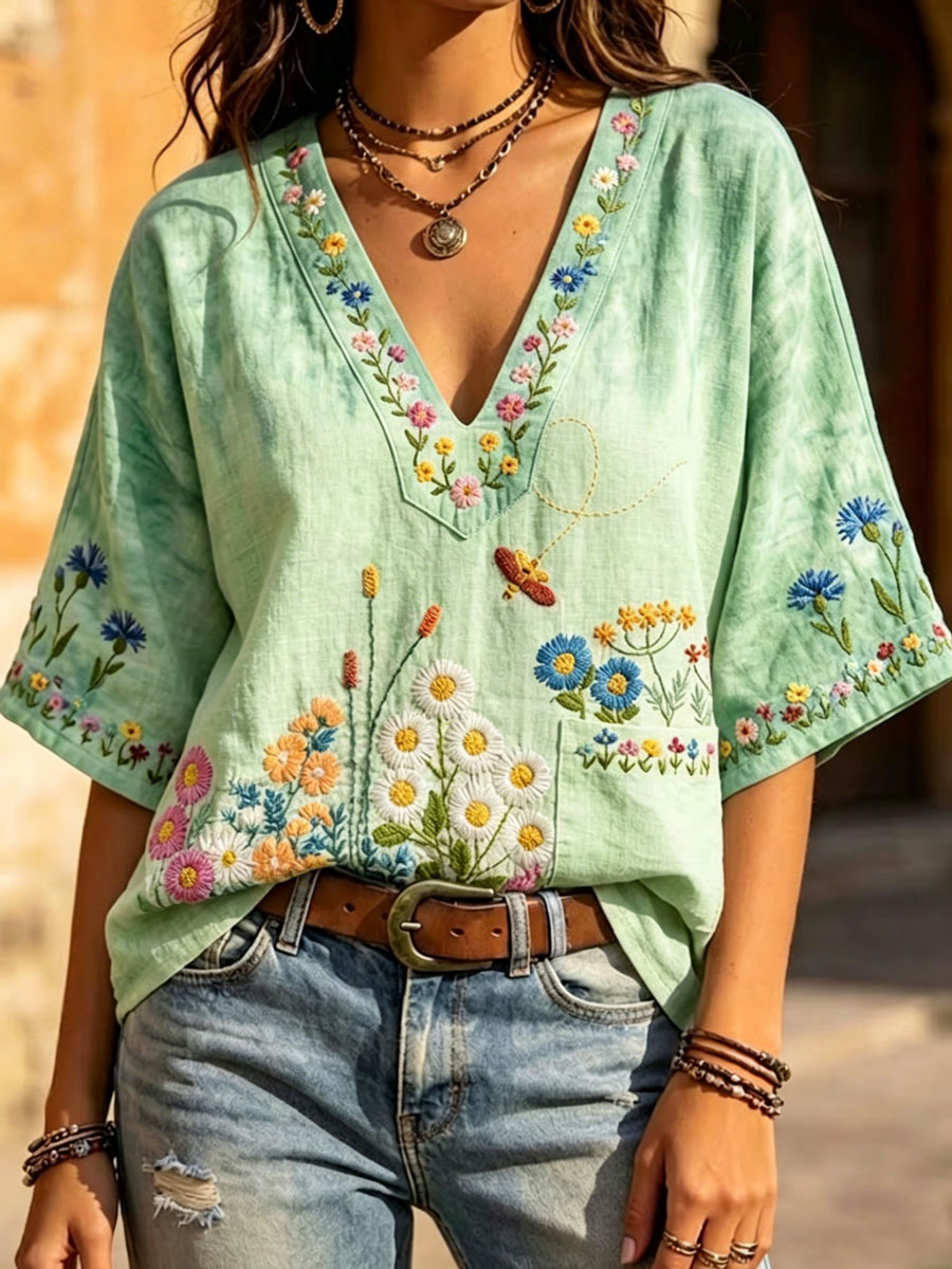 Women'S Casual Floral Print Cotton Linen Top