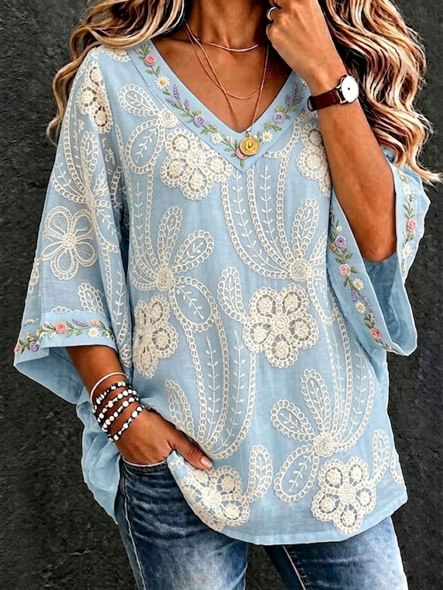 Women'S Cotton And Linen Floral Casual Vacation Top