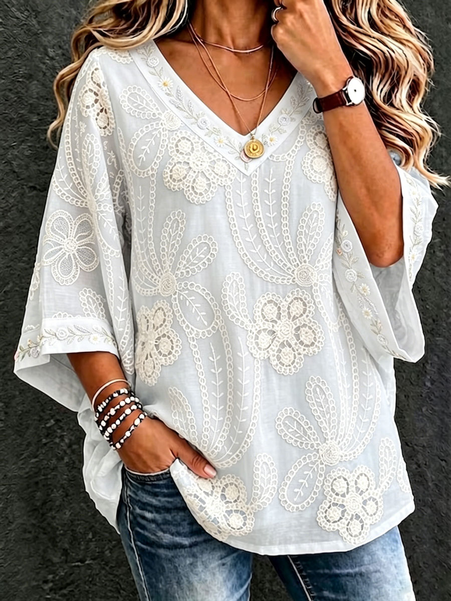 Women'S Cotton And Linen Floral Casual Vacation Top