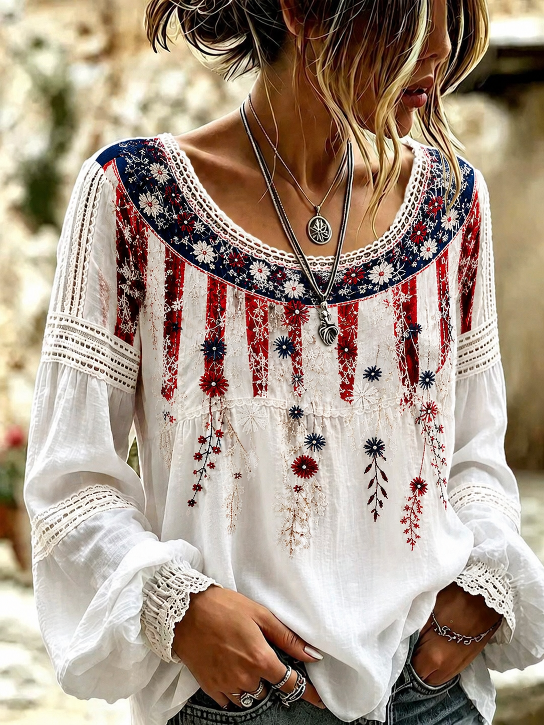 Women's Vintage American Flag Floral Art Cotton-Linen Shirt