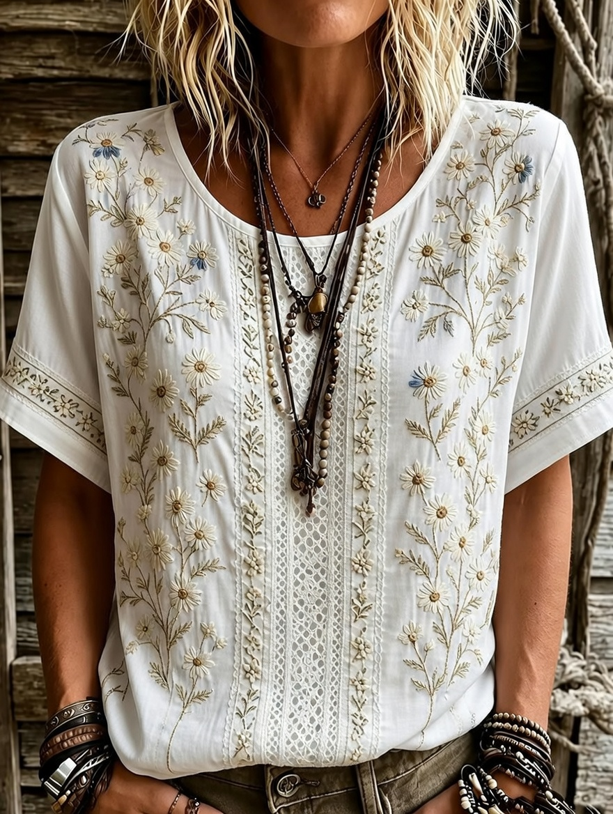 Women's Floral Patchwork Design Round Neck Short-sleeved Top
