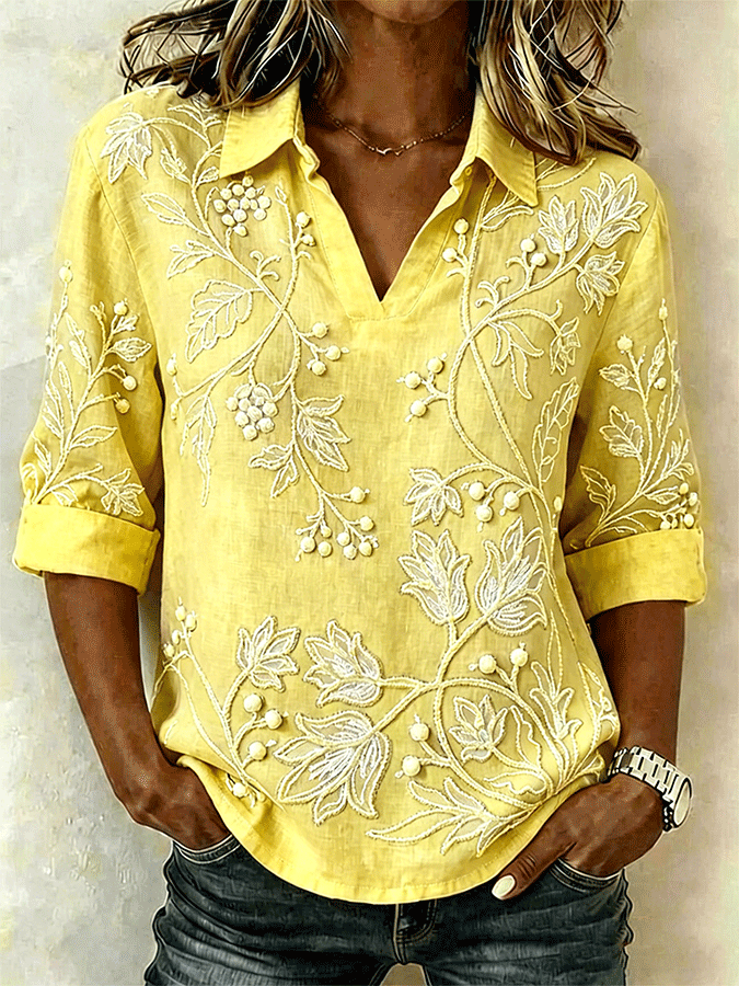 Women's Shawl Collar Half Sleeve Floral Lightweight Loose Shirt