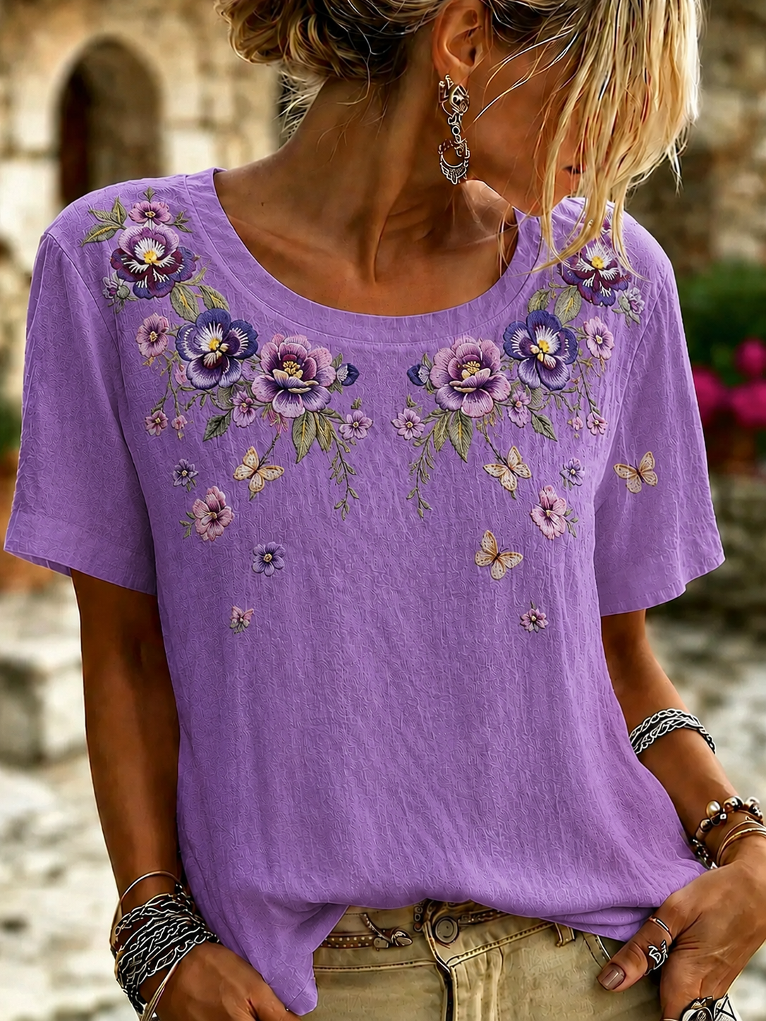 Women'S Purple Floral Printed T-Shirt