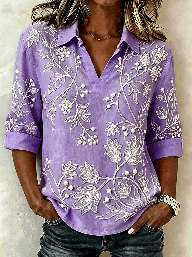 Women's Shawl Collar Half Sleeve Floral Lightweight Loose Shirt