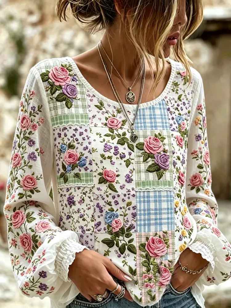 Women's floral fresh round neck top