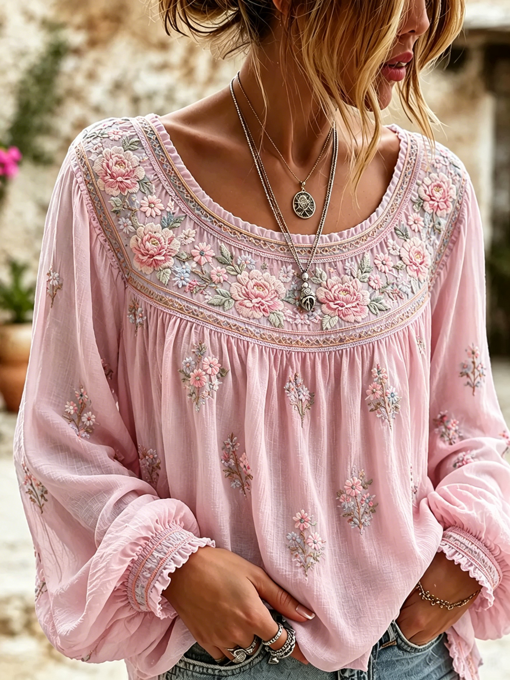 Women'S Floral Printed Casual Cotton And Linen Top