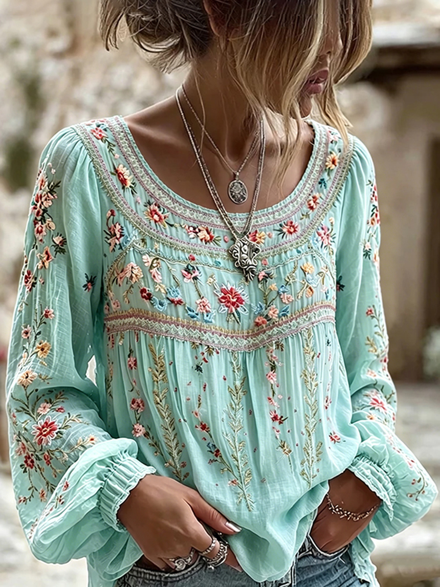Women's Floral Embroidered Long Sleeve Peplum Blouse