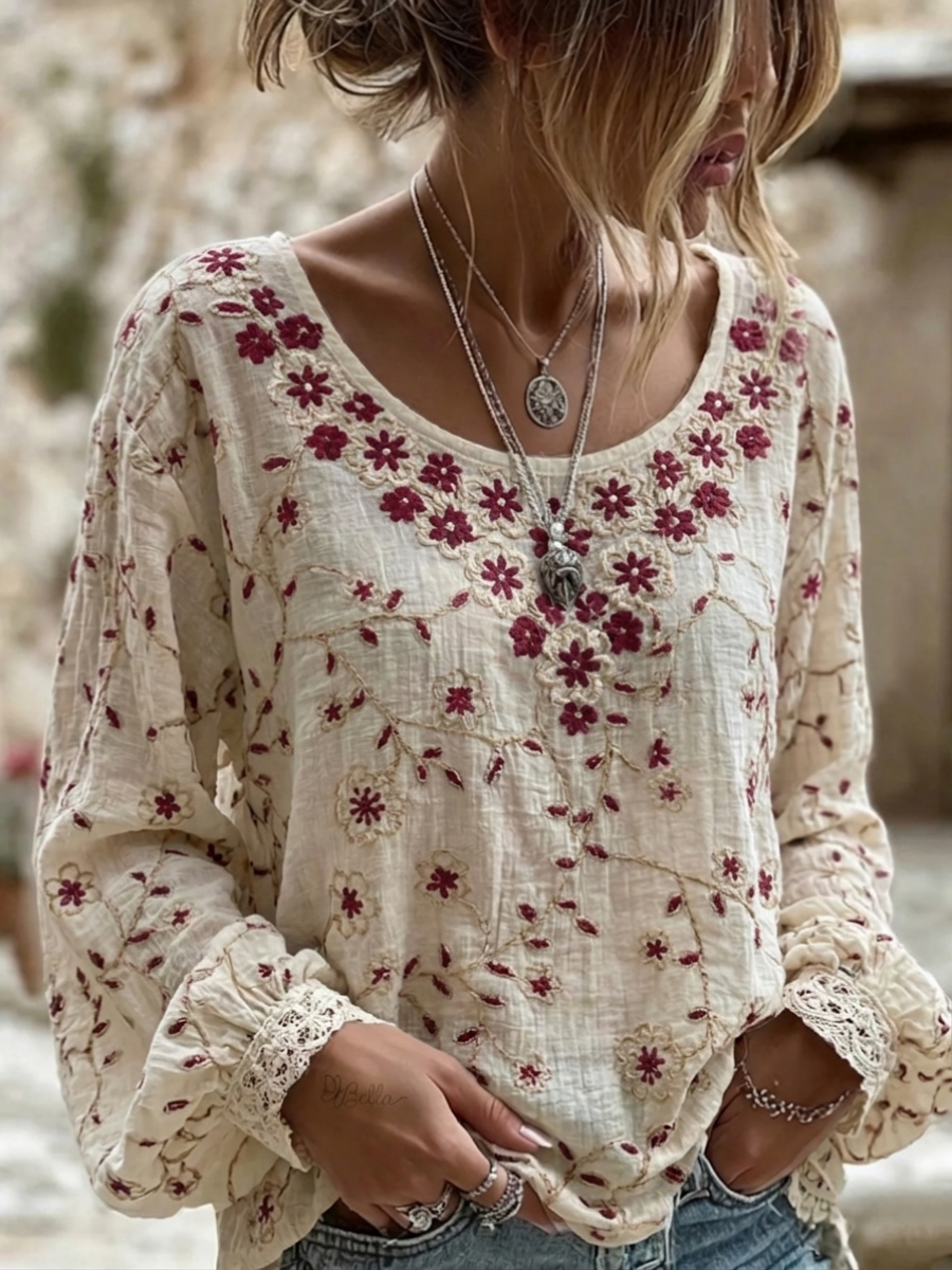 Women's Retro Floral Art Print Long Sleeve T-shirt