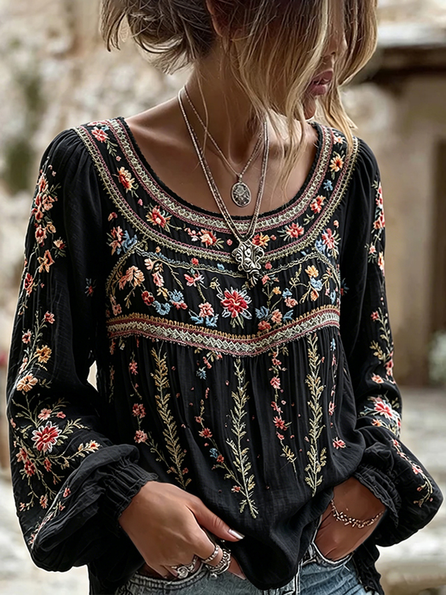 Women's Floral Embroidered Long Sleeve Peplum Blouse