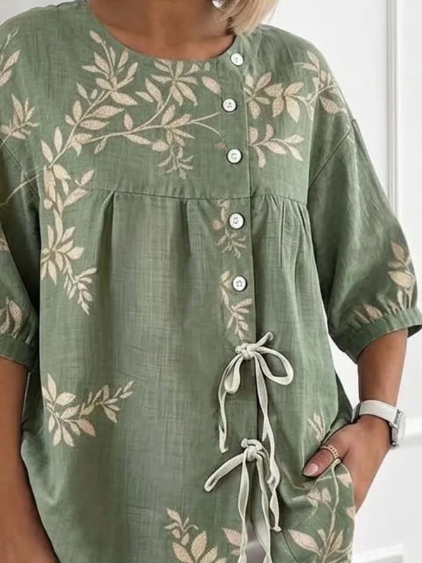 Women'S Casual Floral Print Cotton Linen Top