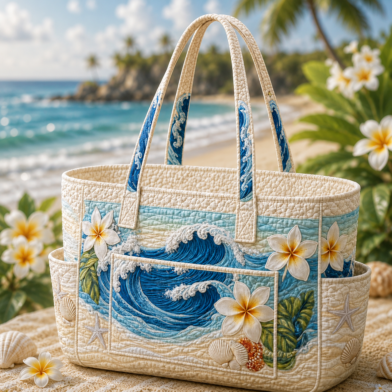 Plumeria Blossom Multiple Pockets Quilted Tote Bag TP27