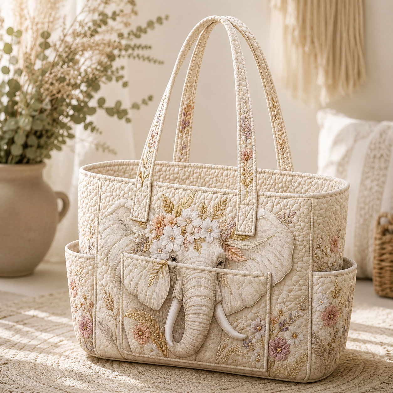 Elephant Multiple Pockets Quilted Tote Bag TP36