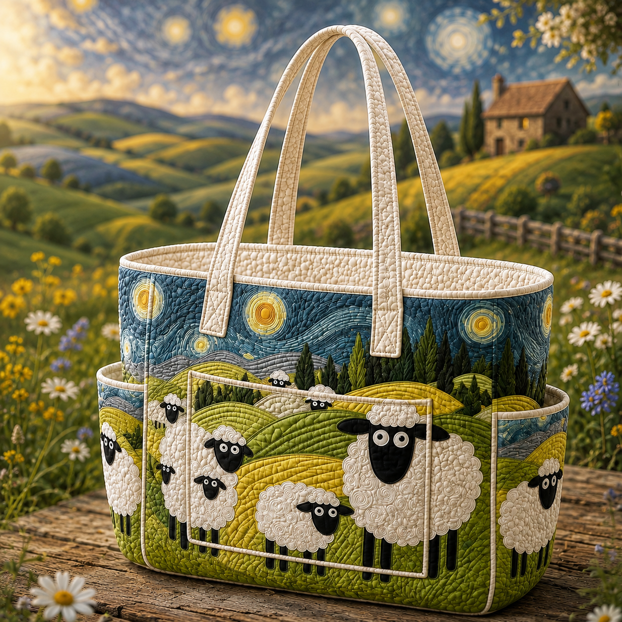 Lamb Meadow Multiple Pockets Quilted Tote Bag TP43