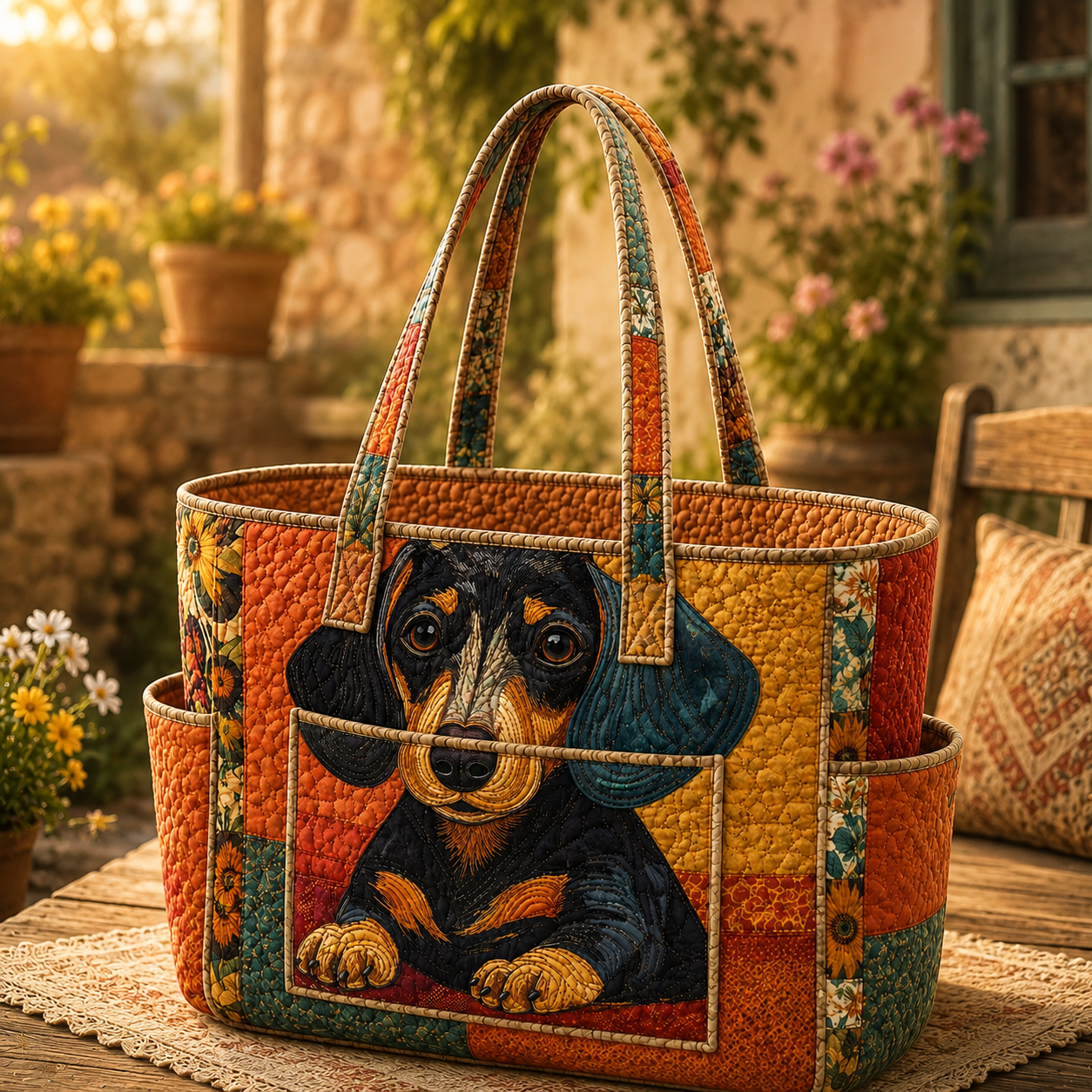 Adorable Dachshund Multiple Pockets Quilted Tote Bag TP45