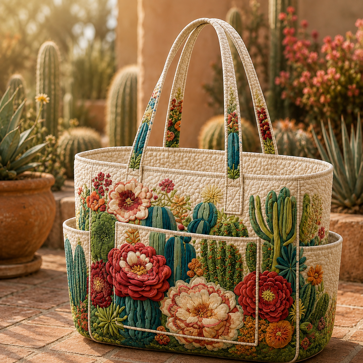 Blooming Cactus Haven Multiple Pockets Quilted Tote Bag TP50