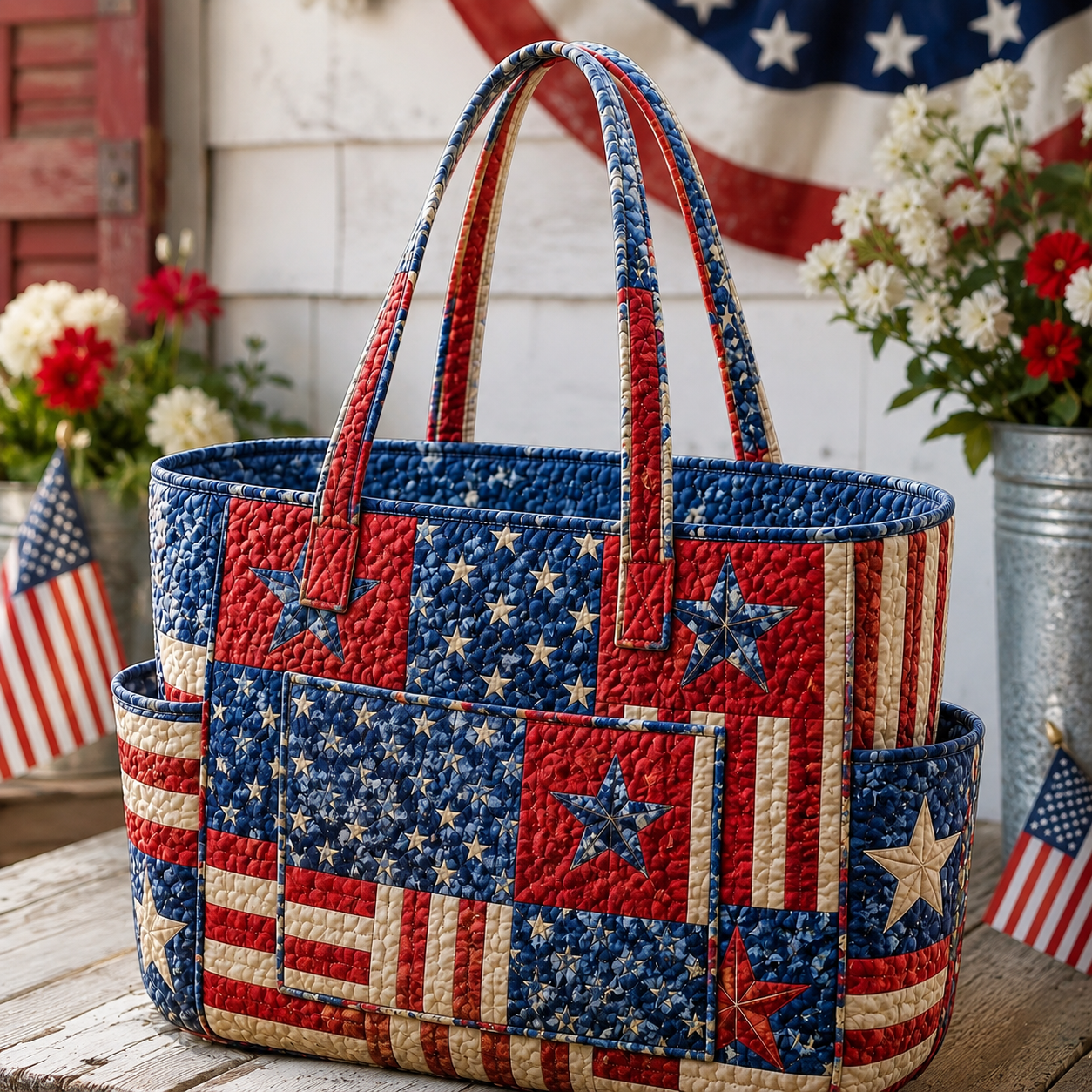 Patriotic Flag Multiple Pockets Quilted Tote Bag TP58