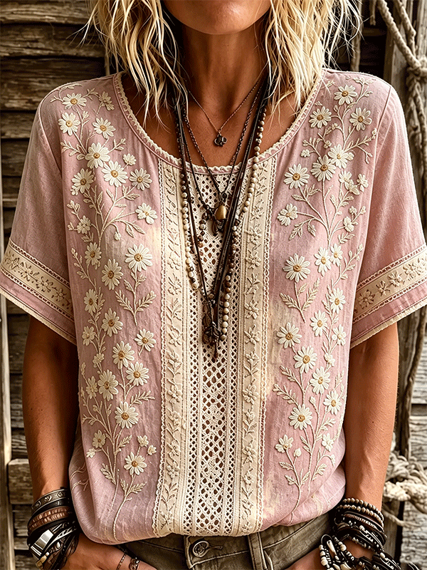 Women's Floral Patchwork Design Round Neck Short-sleeved Top