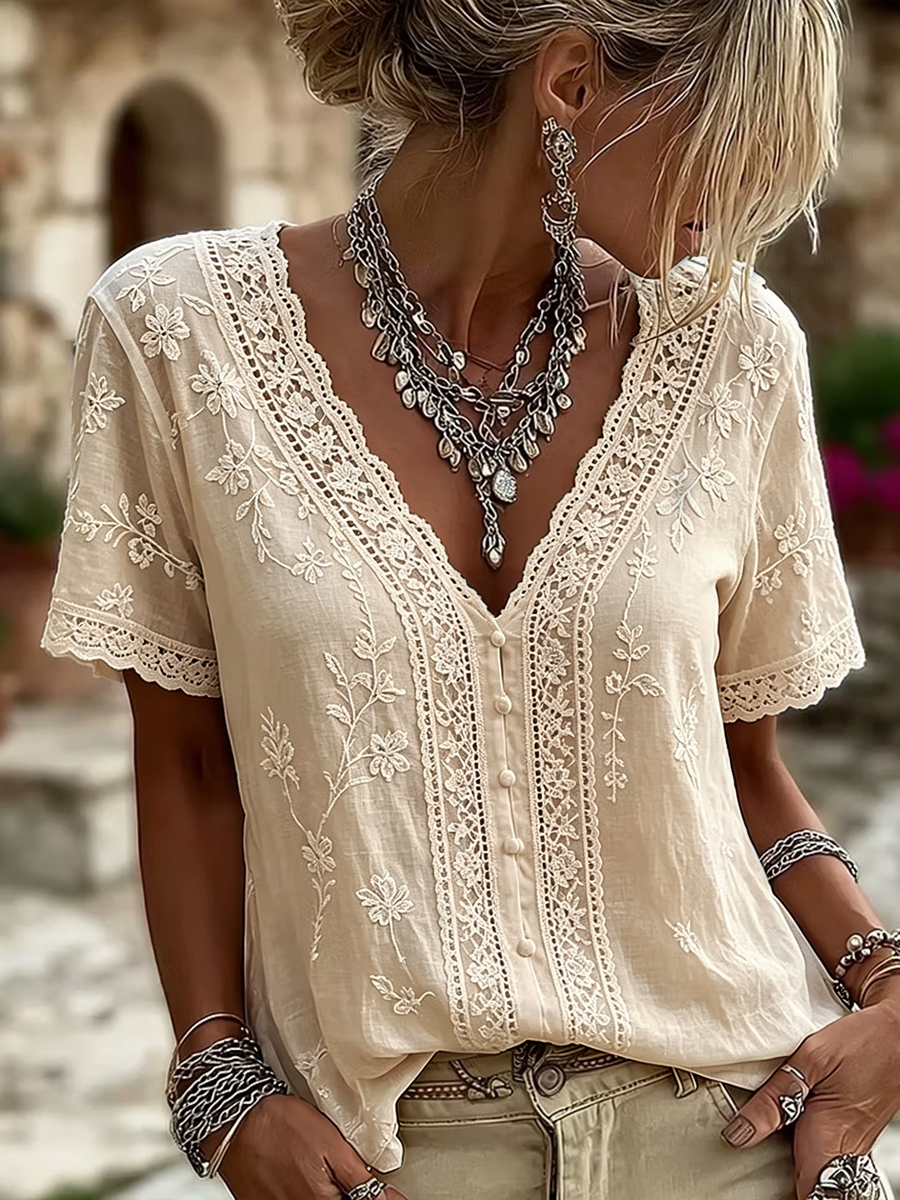 Women's White Floral Lace Art Cotton Linen V-Neck Short Sleeved Top
