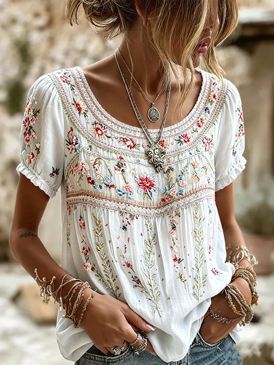 Women's Retro Floral Pattern Casual T-shirt