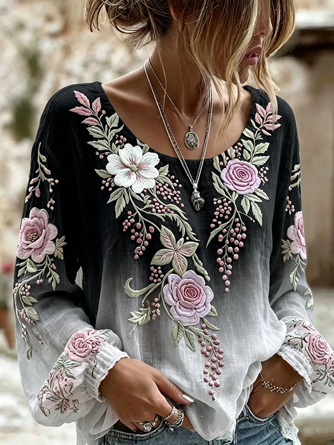 Women's floral fresh round neck top
